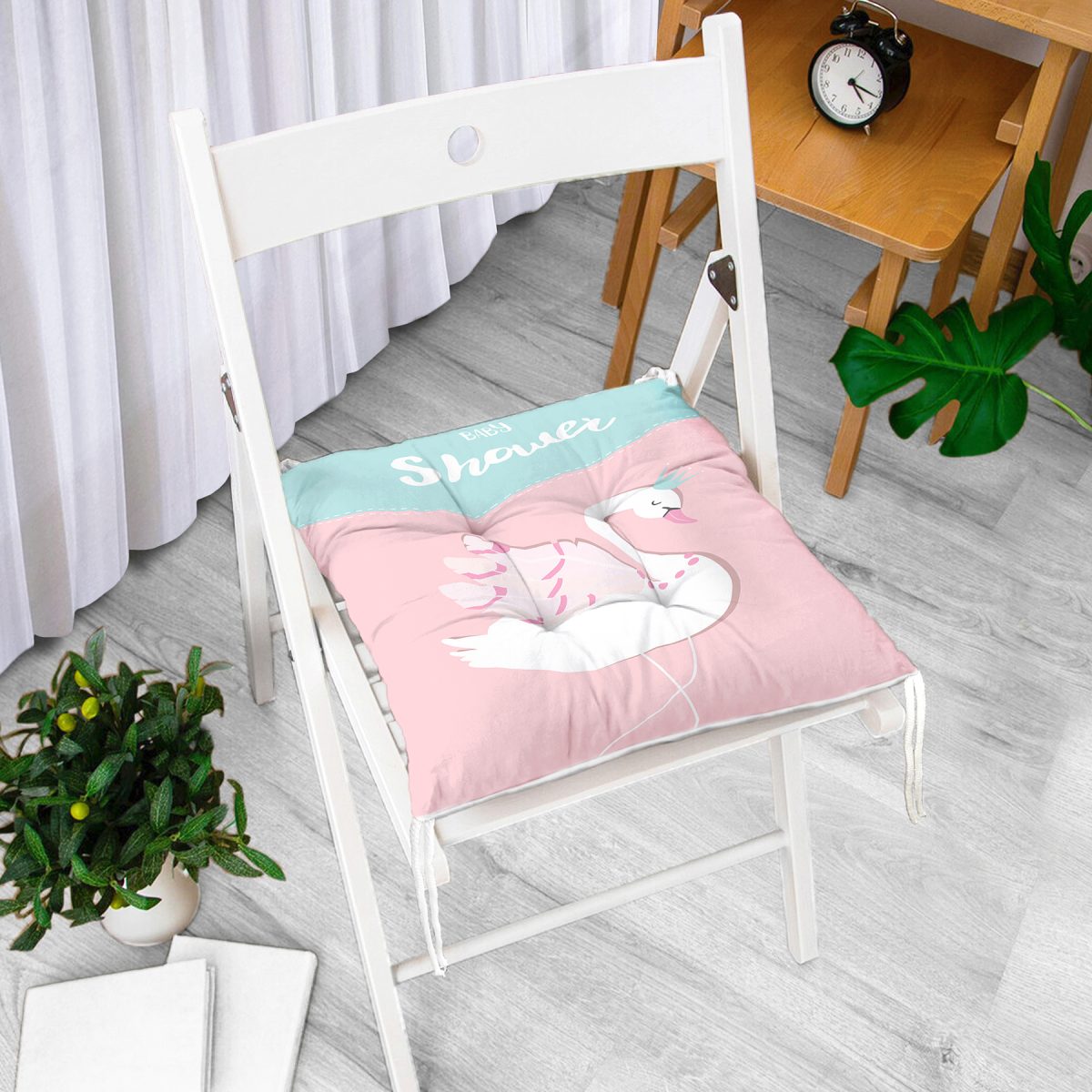 Baby Shower Temalı Kuğu Desenli Özel Tasarımlı Dijital Baskılı Çocuk Odası Pofuduk Sandalye Minderi Realhomes