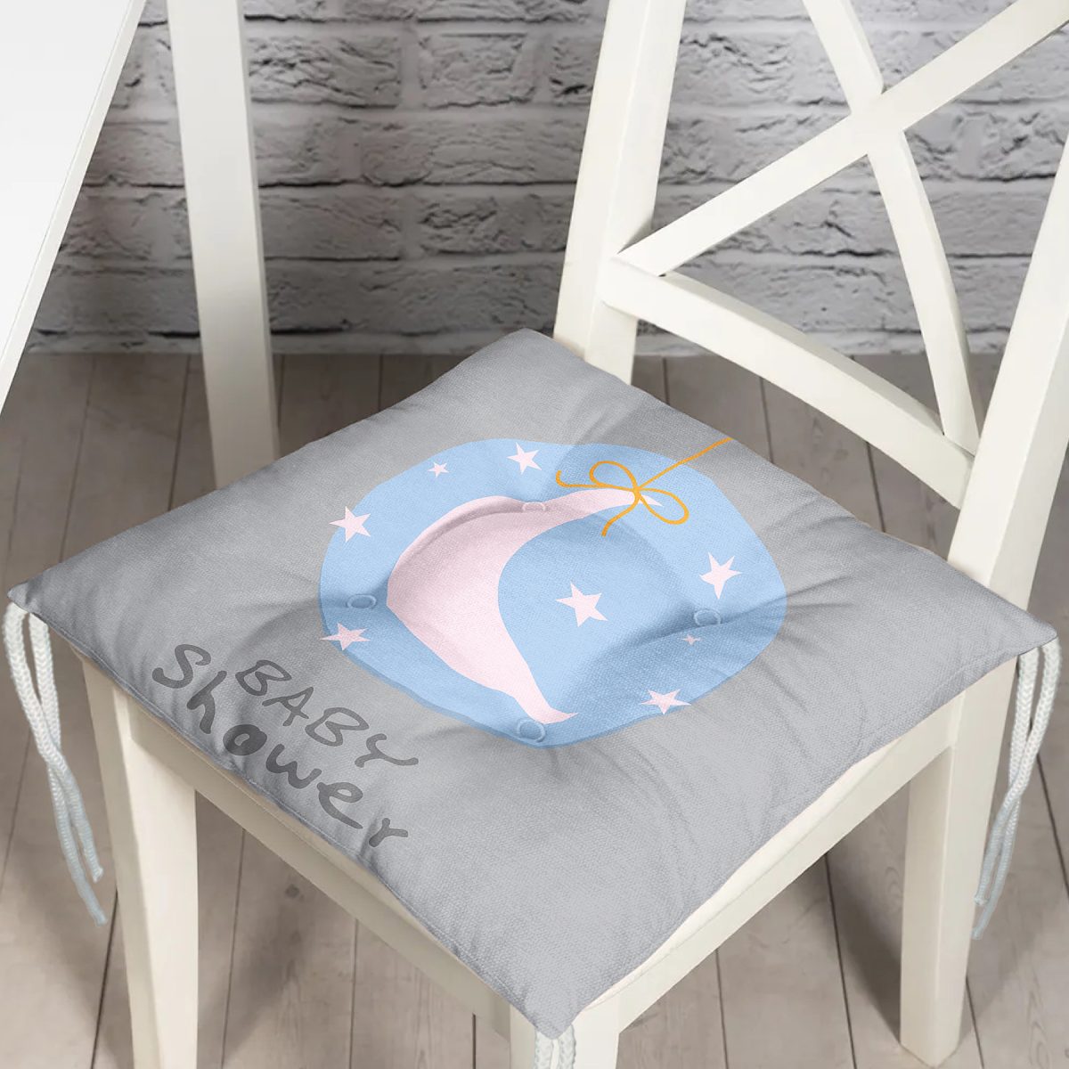 Gri Zemin Ay Desenli Baby Shower Özel Tasarımlı Dijital Baskılı Çocuk Odası Pofuduk Sandalye Minderi Realhomes