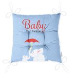 Mavi Zemin Fil Desenli Baby Shower Özel Tasarımlı Dijital Baskılı Çocuk Odası Pofuduk Sandalye Minderi Realhomes