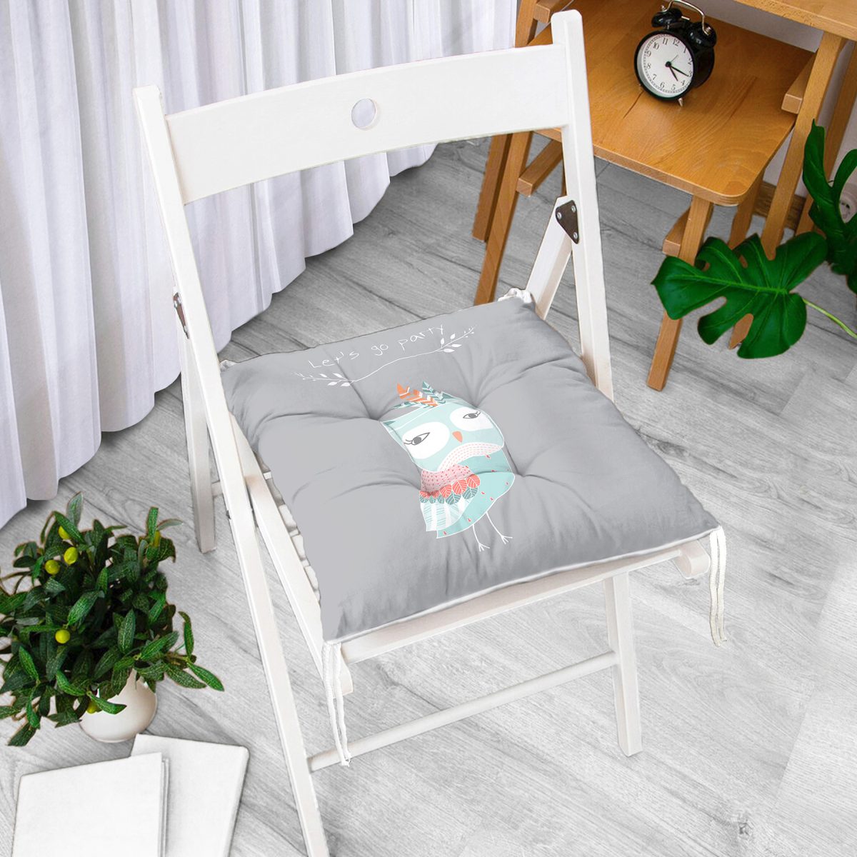 Gri Zemin Sevimli Baykuş Desenli Özel Tasarımlı Dijital Baskılı Çocuk Odası Pofuduk Sandalye Minderi Realhomes