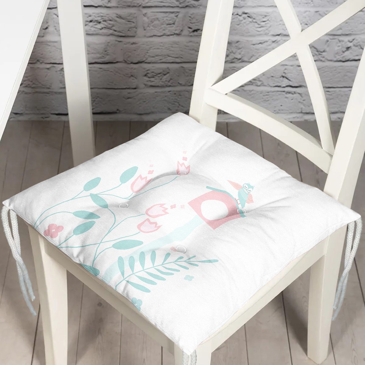 Beyaz Zemin Uyuyan Baykuş Motifli Özel Tasarımlı Dijital Baskılı Çocuk Odası Pofuduk Sandalye Minderi Realhomes