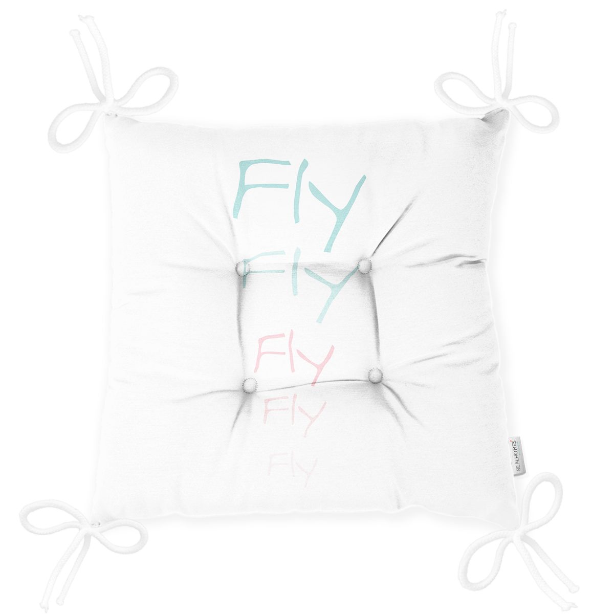 Beyaz Zeminde Renkli Fly Yazılı Özel Tasarımlı Dijital Baskılı Çocuk Odası Pofuduk Sandalye Minderi Realhomes
