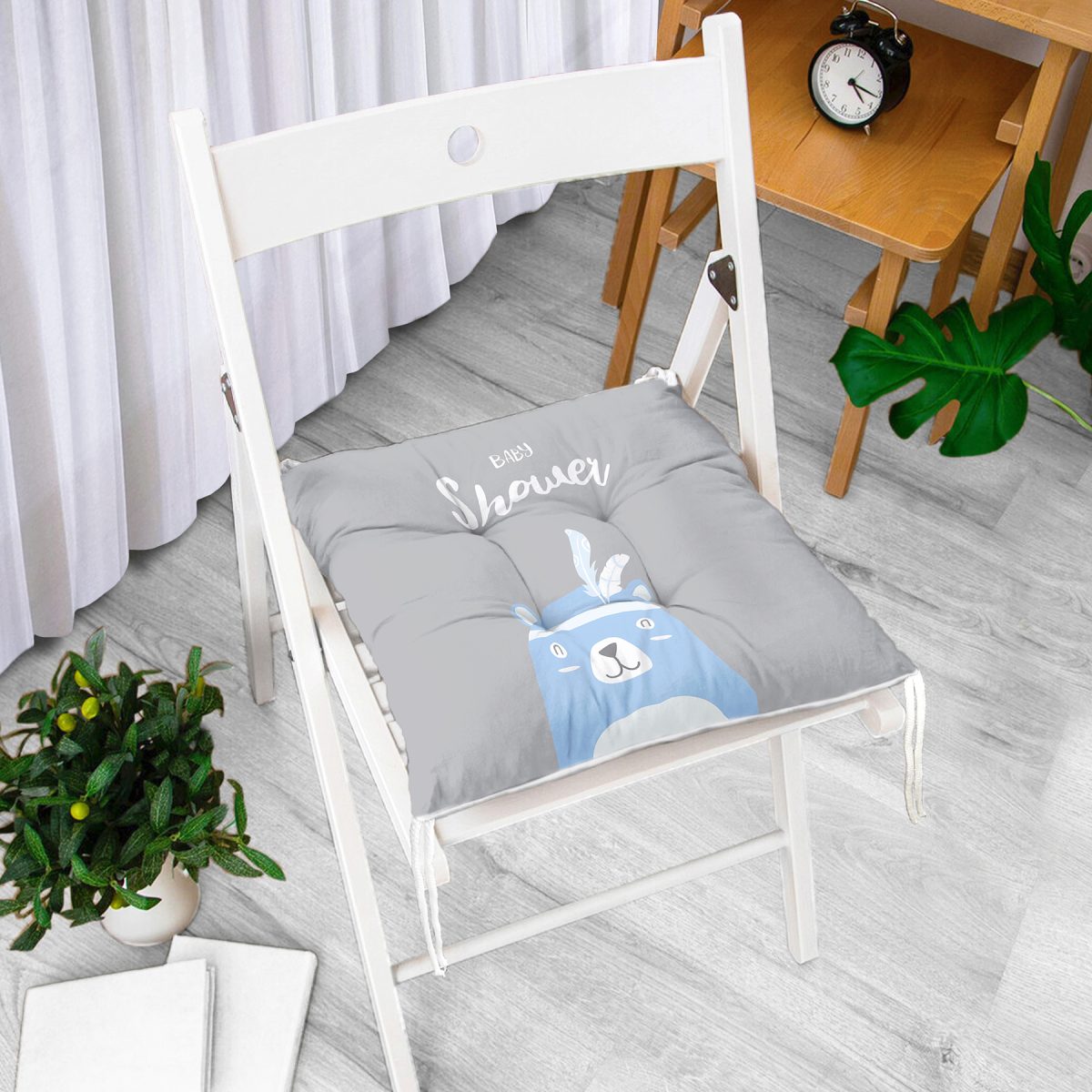 Gri Zemin Baby Shower Yazılı Ayıcık Desenli Dijital Baskılı Çocuk Odası Pofuduk Sandalye Minderi Realhomes