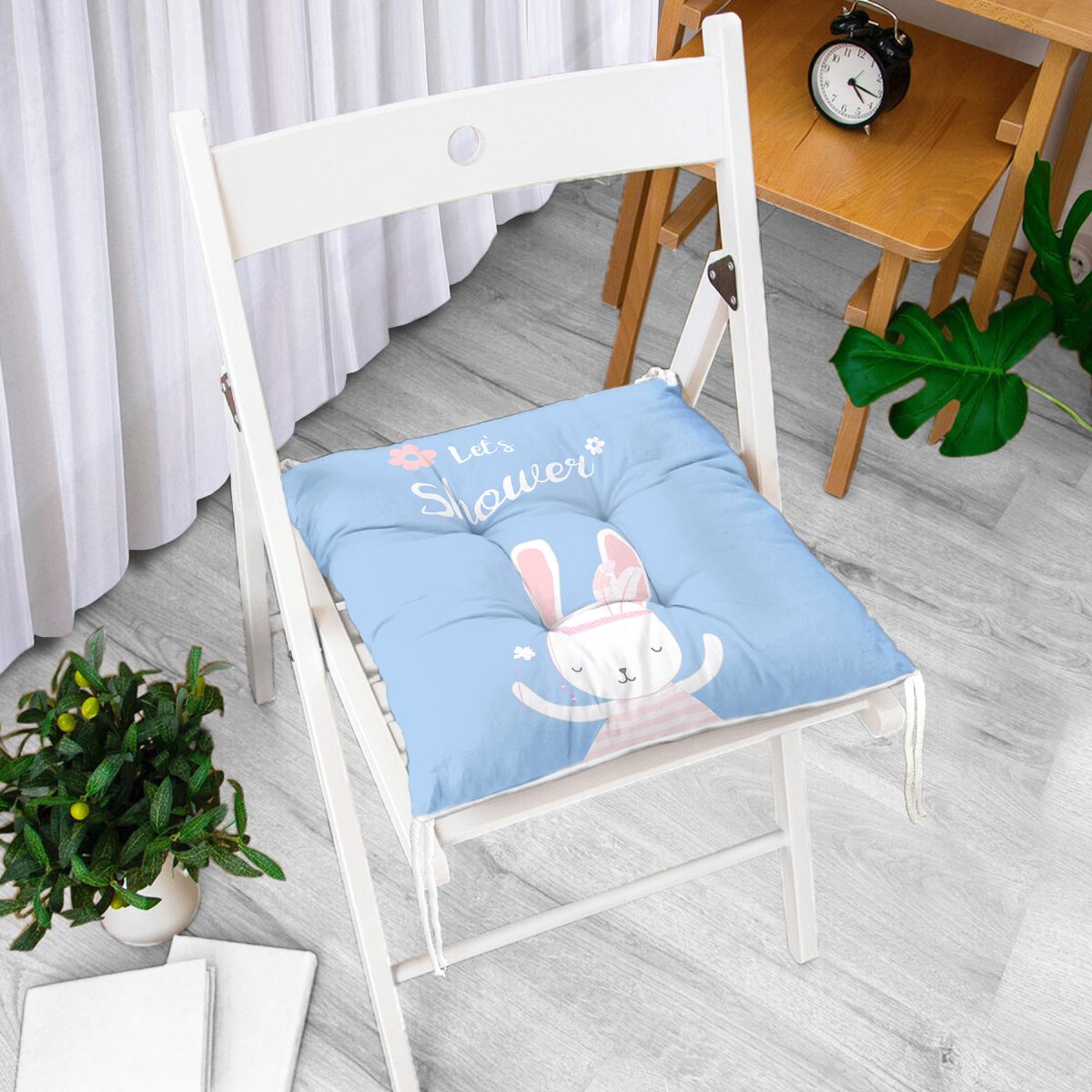 Mavi Zemin Baby Shower Temalı Tavşan Desenli Dijital Baskılı Çocuk Odası Pofuduk Sandalye Minderi Realhomes
