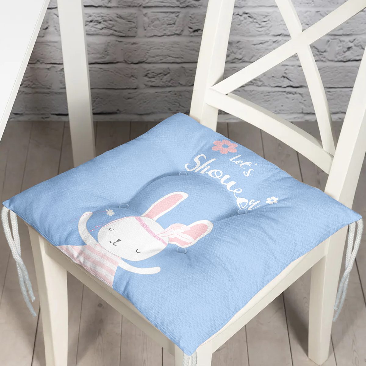 Mavi Zemin Baby Shower Temalı Tavşan Desenli Dijital Baskılı Çocuk Odası Pofuduk Sandalye Minderi Realhomes