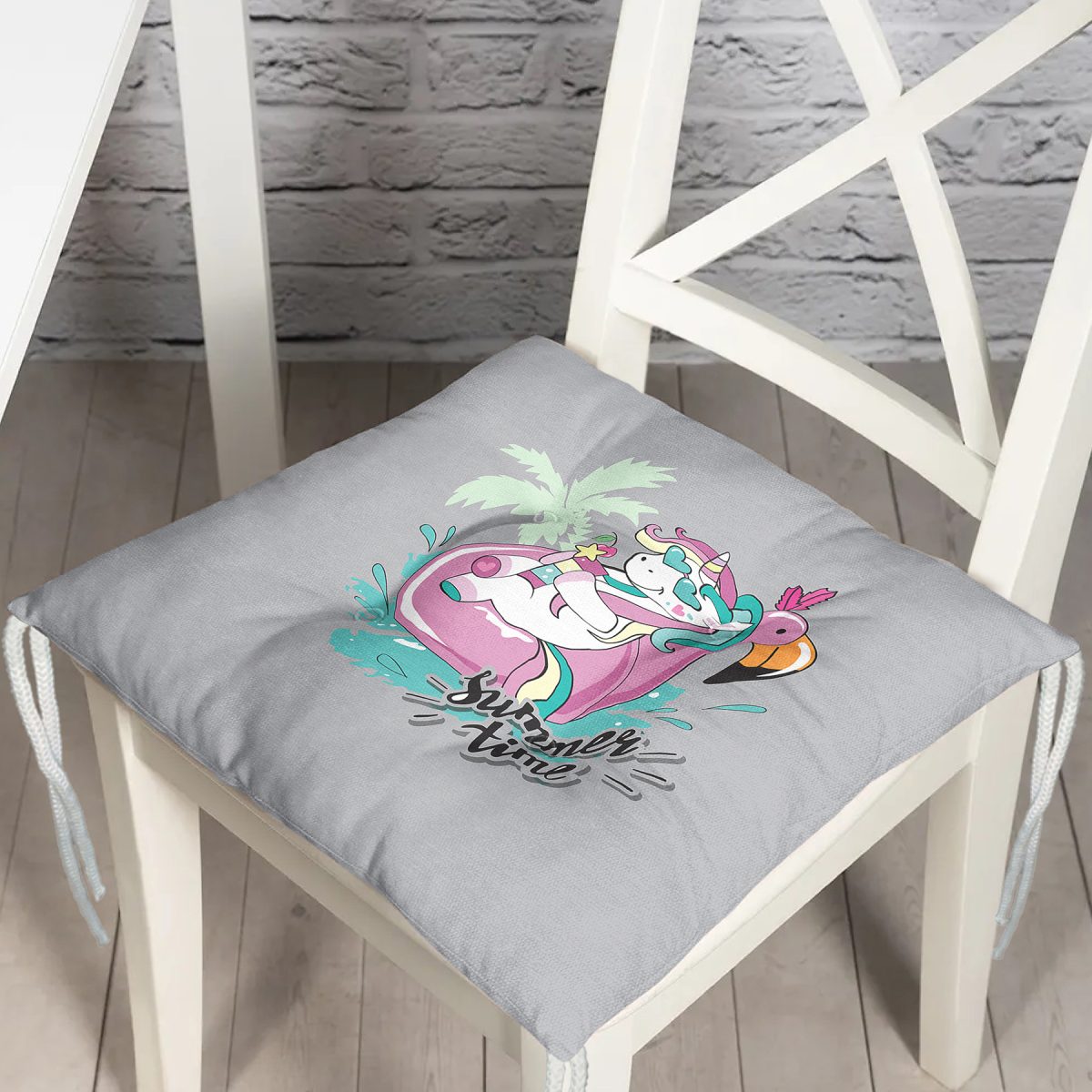 Gri Zemin Tatil Temalı Unicorn Desenli Dijital Baskılı Modern Pofuduk Sandalye Minderi Realhomes