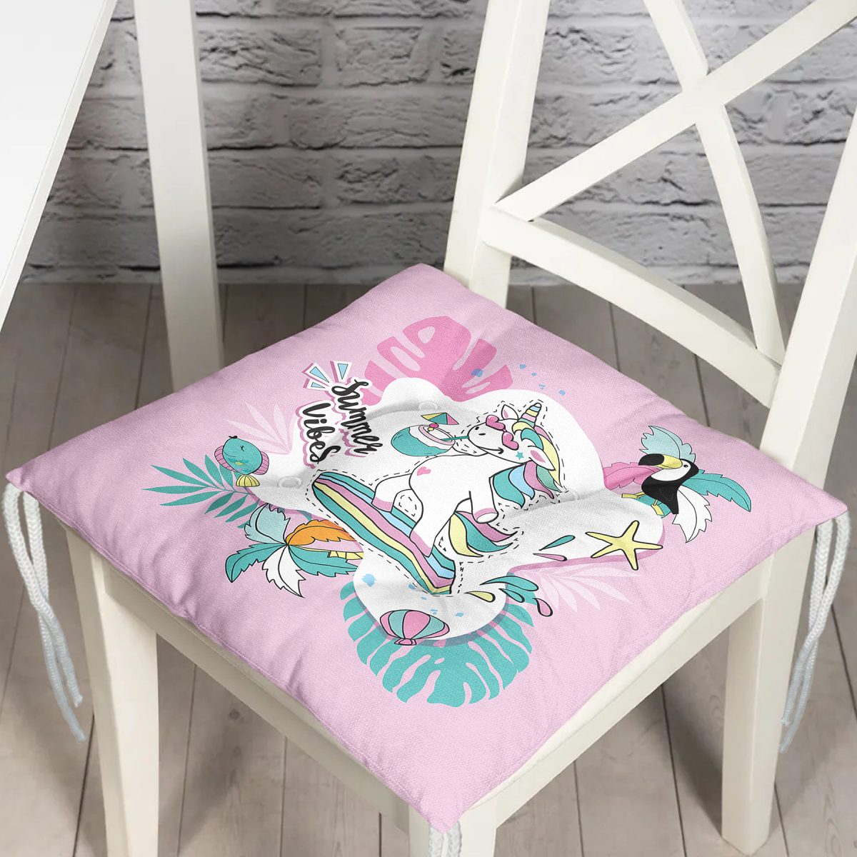 Pembe Zemin Tatil Temalı Unicorn Desenli Dijital Baskılı Modern Pofuduk Sandalye Minderi Realhomes