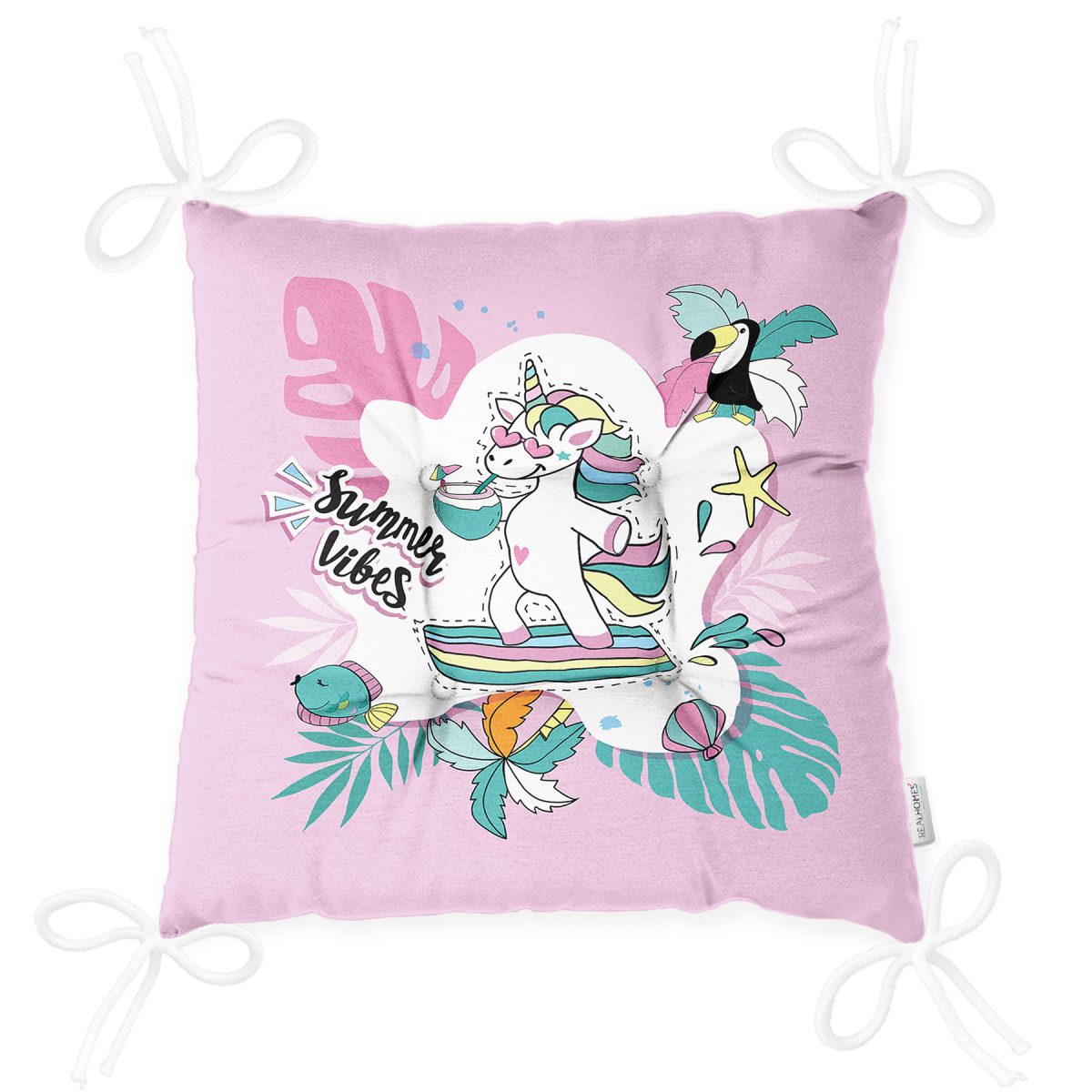 Pembe Zemin Tatil Temalı Unicorn Desenli Dijital Baskılı Modern Pofuduk Sandalye Minderi Realhomes