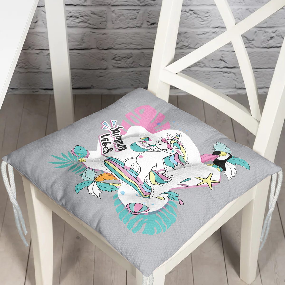 Gri Zemin Tatil Temalı Unicorn Desenli Dijital Baskılı Modern Pofuduk Sandalye Minderi Realhomes