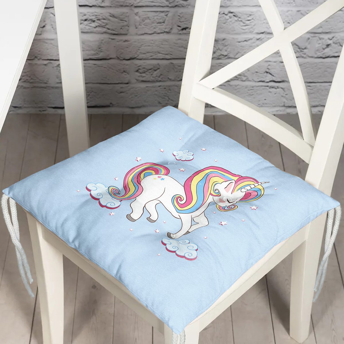 Mavi Zeminde Uyuyan Unicorn Desenli Dijital Baskılı Modern Pofuduk Sandalye Minderi Realhomes