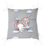 Gri Zeminde Uyuyan Unicorn Desenli Dijital Baskılı Modern Pofuduk Sandalye Minderi Realhomes