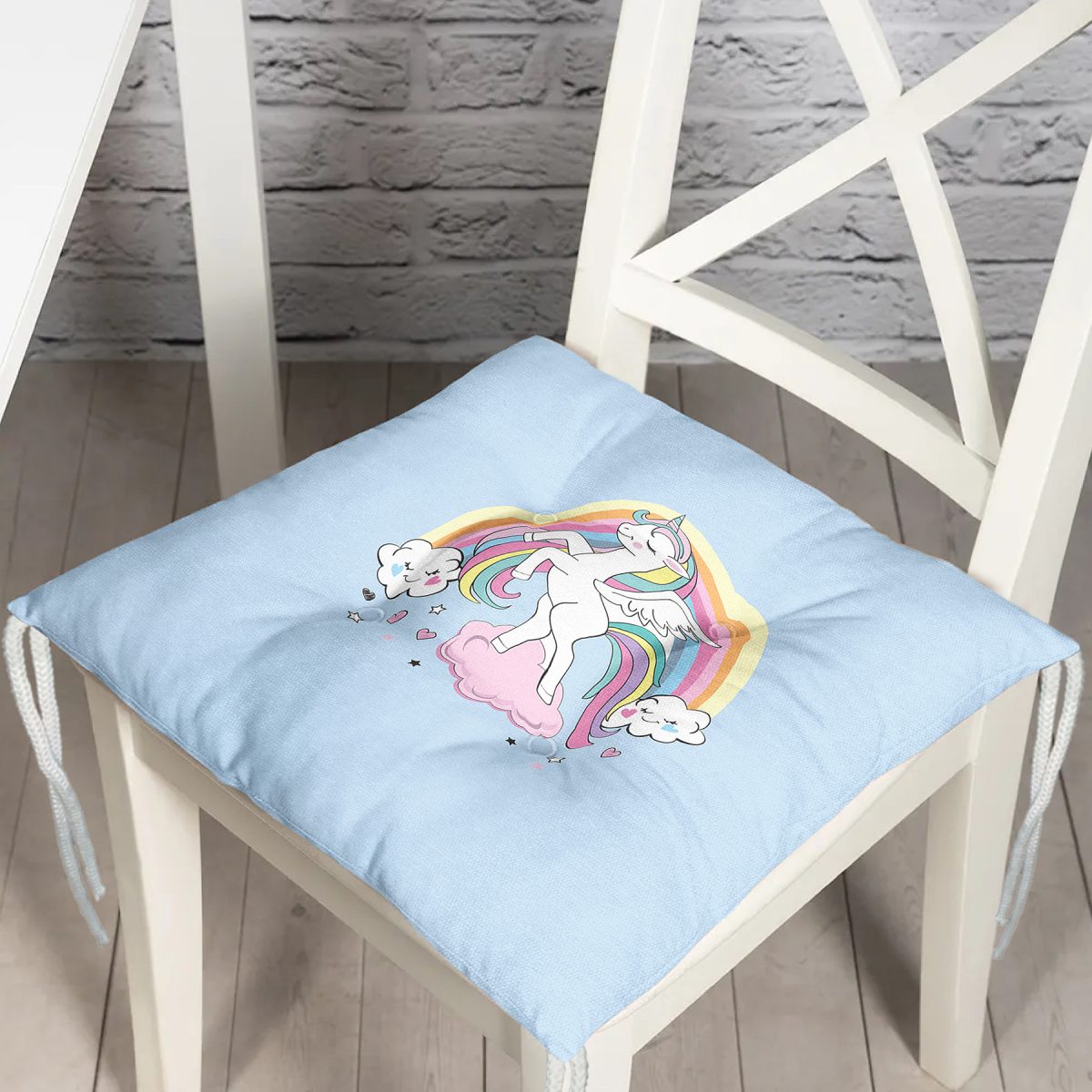 Mavi Zeminde Sevimli Unicorn Desenli Dijital Baskılı Çocuk Odası Pofuduk Sandalye Minderi Realhomes