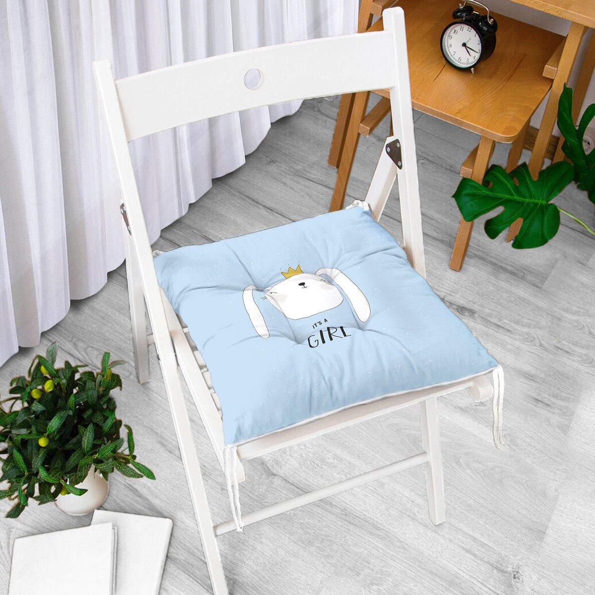 Mavi Zeminli Sevimli Tavşan Desenli Dijital Baskılı Modern Pofuduk Sandalye Minderi Realhomes