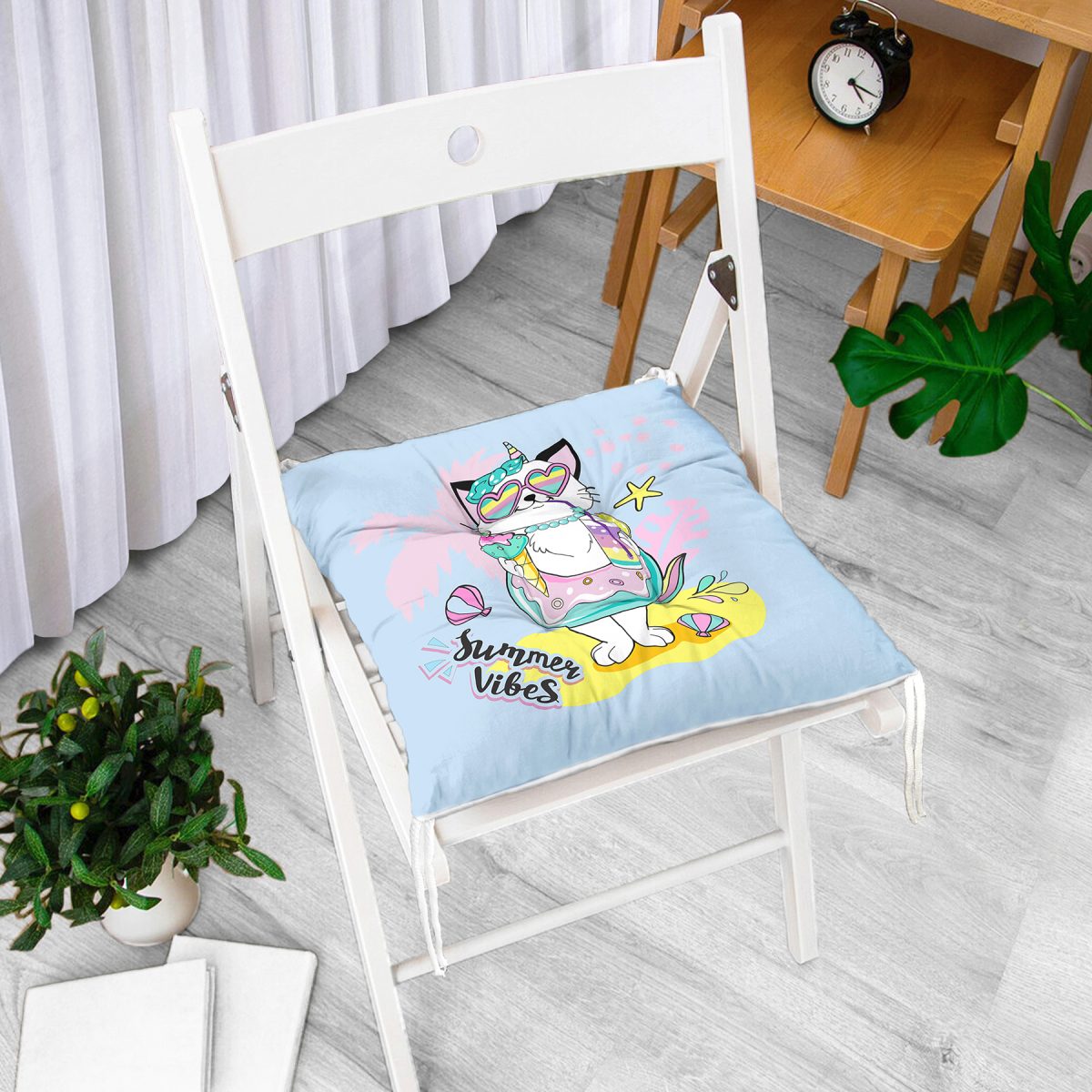 Mavi Zeminde Tatil Temalı Kedi Desenli Dijital Baskılı Modern Pofuduk Sandalye Minderi Realhomes