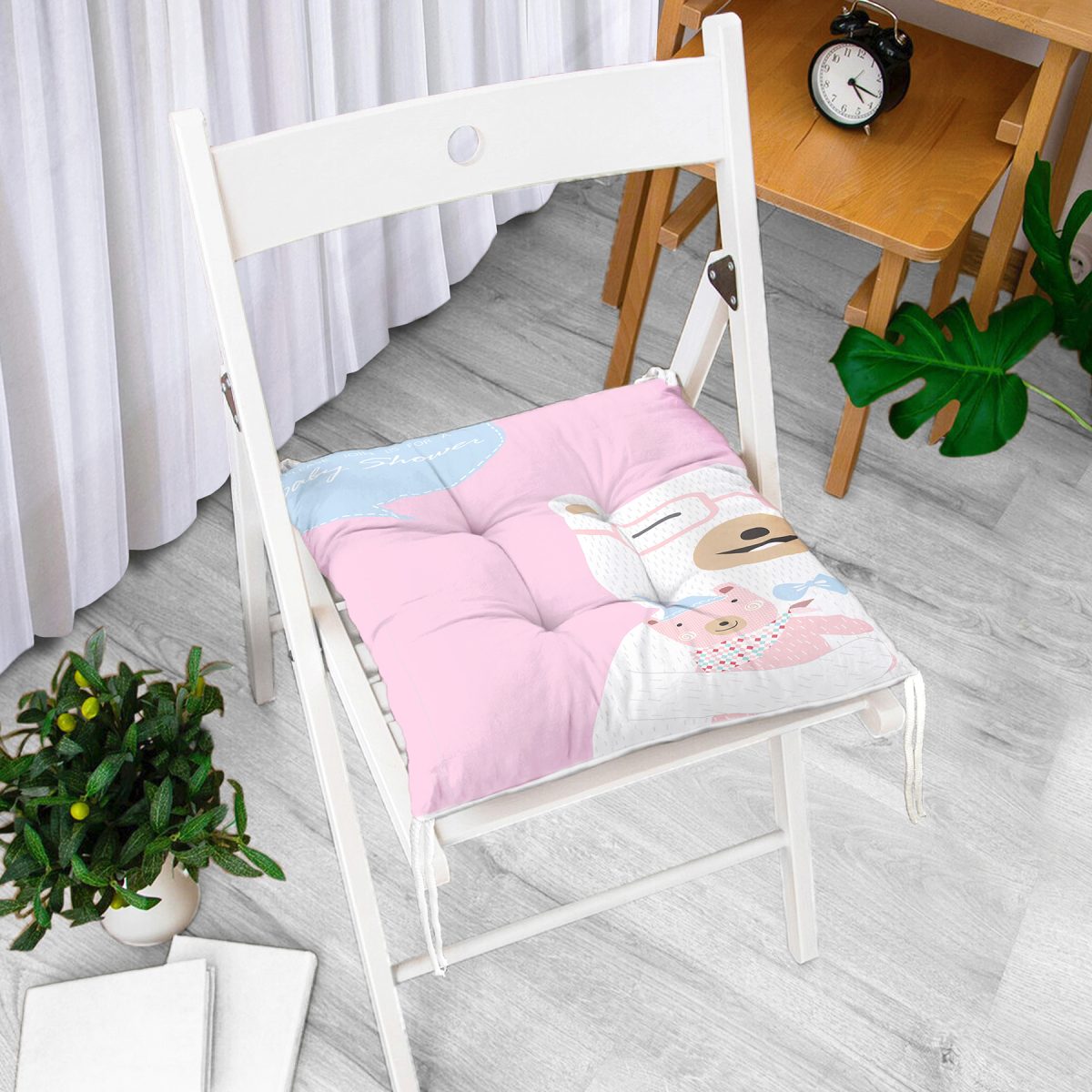 Pembe Zeminde Anne Ve Yavru Ayı Baby Shower Dijital Baskılı Çocuk Odası Pofuduk Sandalye Minderi Realhomes