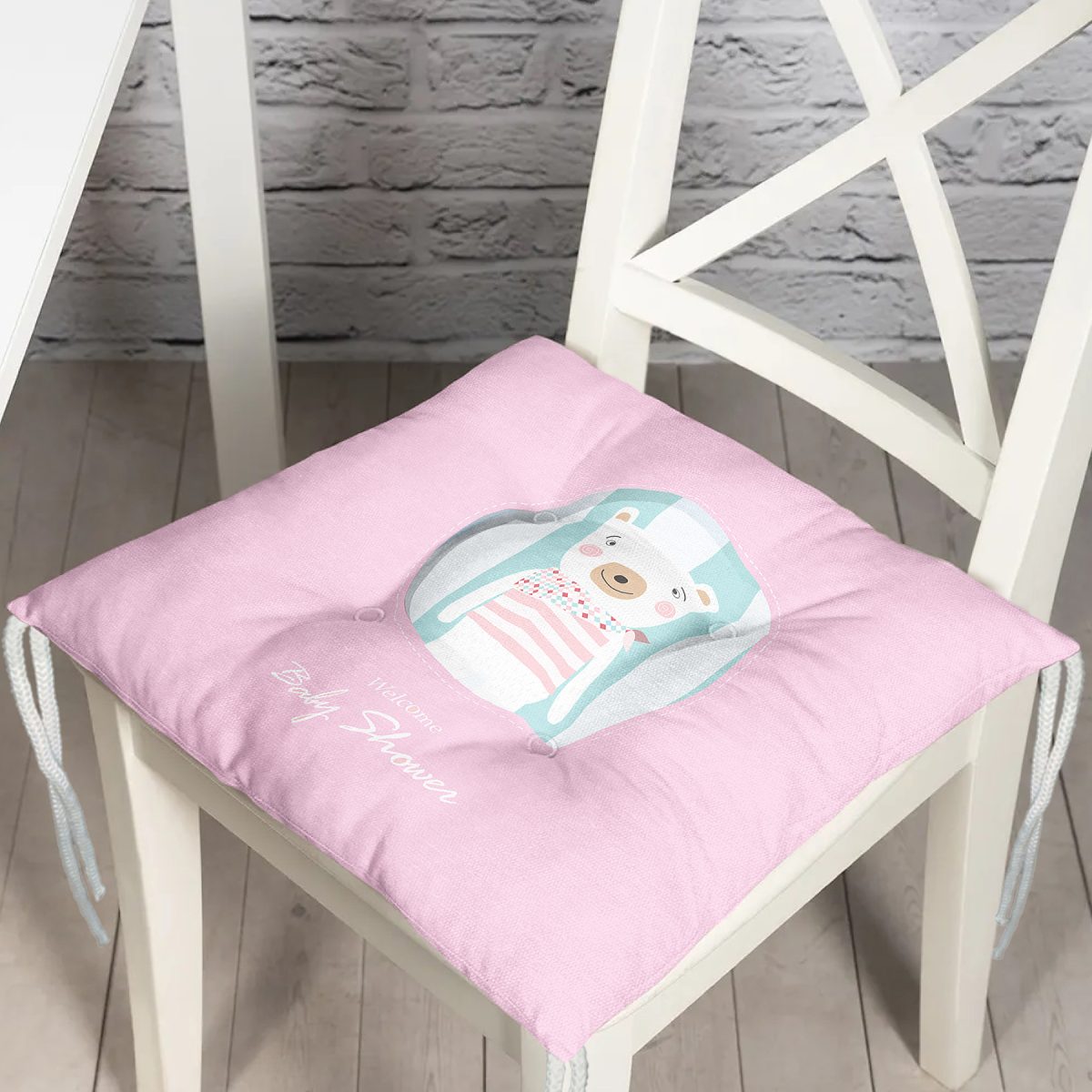Pembe Zeminde Welcome Baby Shower Temalı Sevimli Ayıcık Modern Pofuduk Sandalye Minderi Realhomes