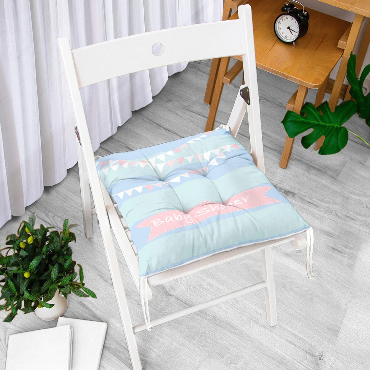 Mavi Çizgili Baby Shower Temalı Çocuk Odası Pofuduk Sandalye Minderi Realhomes