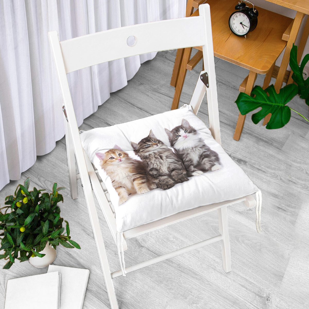 Sevimli Kediler Desenli Dijital Baskılı Modern Pofuduk Sandalye Minderi Realhomes