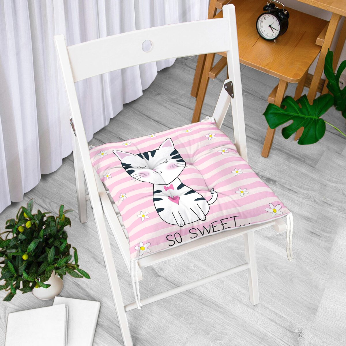 So Sweet Pembe Çizgili Sevimli Kedi Modern Pofuduk Sandalye Minderi Realhomes