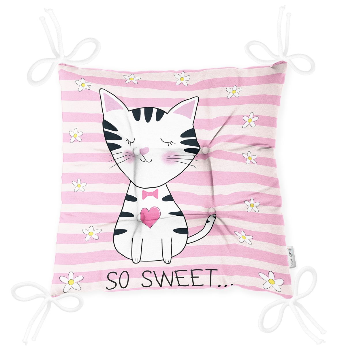 So Sweet Pembe Çizgili Sevimli Kedi Modern Pofuduk Sandalye Minderi Realhomes