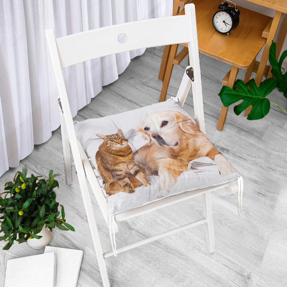 Sevimli Kedi ve Köpek Dijital Baskılı Modern Pofuduk Sandalye Minderi Realhomes