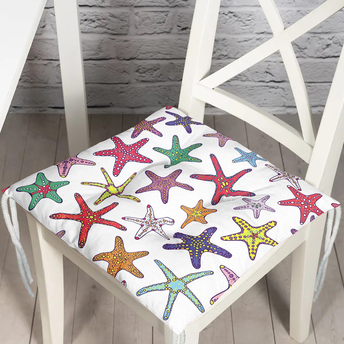 Rengarenk Deniz Yıldızları Desenli Dijital Baskılı Modern Pofuduk Sandalye Minderi Realhomes