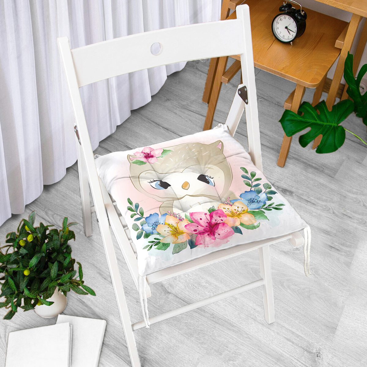 Sevimli Bebek Baykuş Çocuk Odası Dijital Baskılı Modern Pofuduk Sandalye Minderi Realhomes