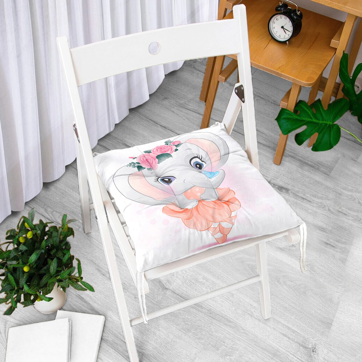 Sevimli Bebek Balerin Fil Çocuk Odası Dijital Baskılı Modern Pofuduk Sandalye Minderi Realhomes