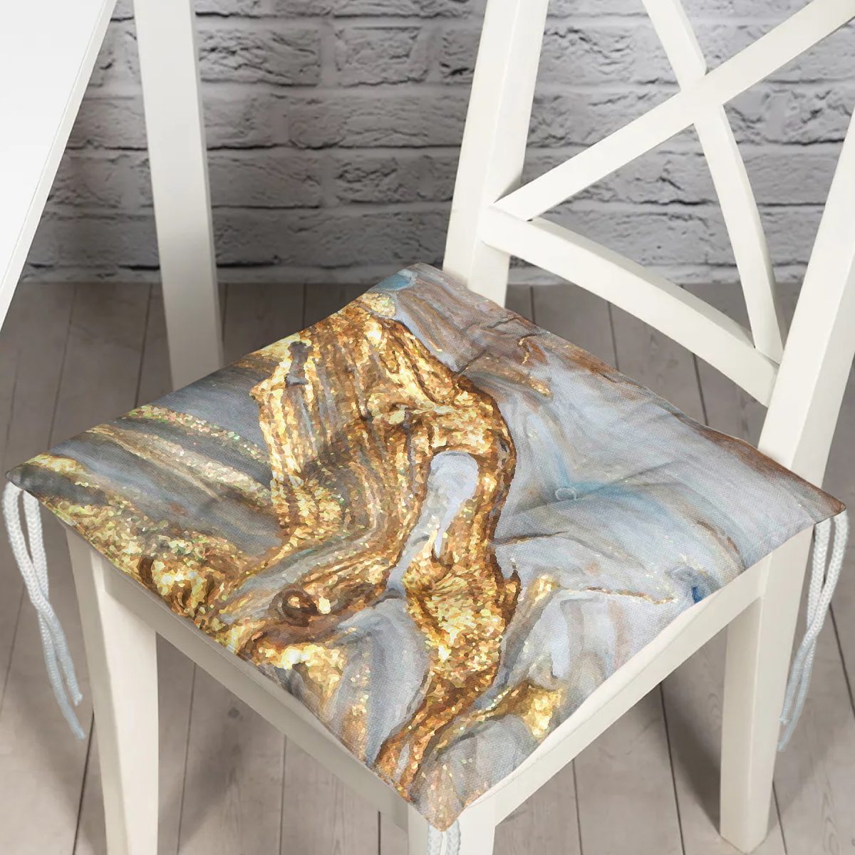 Gold Detaylı Soyut Çizimli Dijital Baskılı Modern Pofuduk Sandalye Minderi Realhomes