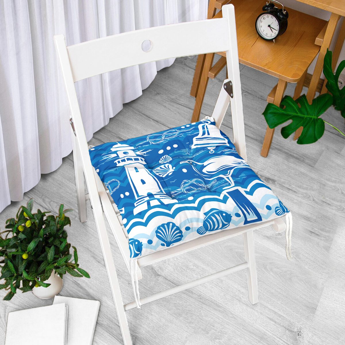 Mavi Beyaz Zeminli Yelken Desenli Dijital Baskılı Modern Pofuduk Sandalye Minderi Realhomes