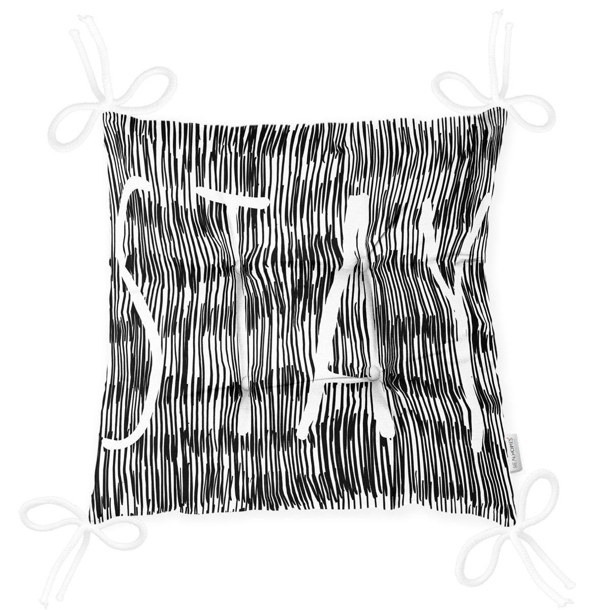 Siyah Beyaz Zeminli Onedraw Çizimli Stay Yazılı Dijital Baskılı Modern Pofuduk Sandalye Minderi Realhomes