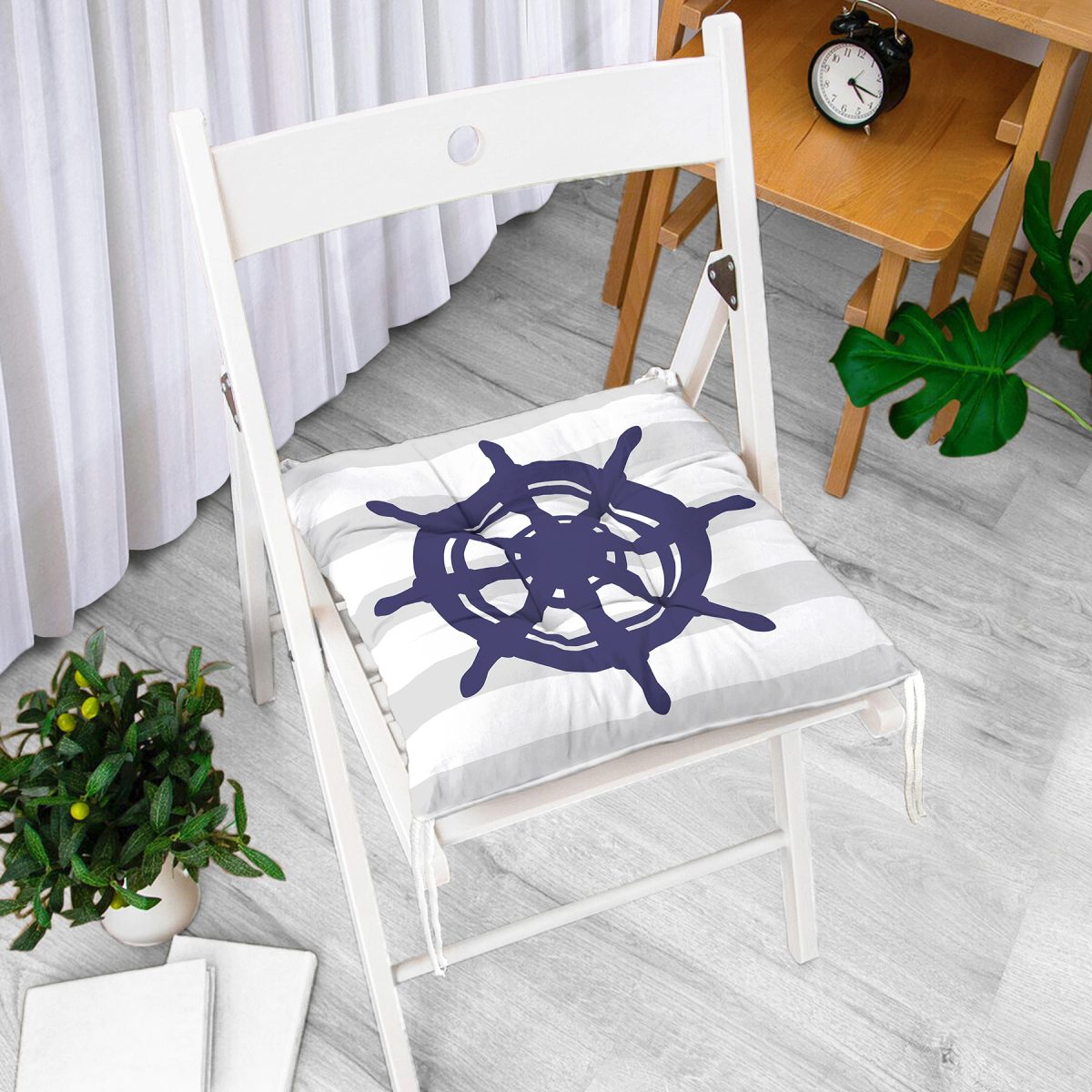 Gri Beyaz Çizgili Çapa Desenli Dijital Baskılı Modern Pofuduk Sandalye Minderi Realhomes