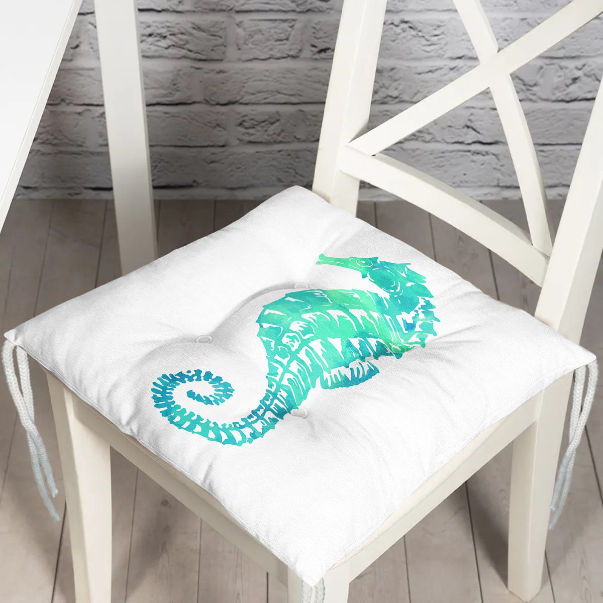 Beyaz Zeminde Yeşil Renkli Deniz Atı Desenli Dijital Baskılı Modern Pofuduk Sandalye Minderi Realhomes