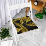 - Pofi-7301-Gorsel-1 - Realhomes  Siyah Zemin Üzerinde Gold Renkli Yaprak Desenli Dijital Baskılı Modern Pofuduk Sandalye Minderi Realhomes