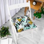 - Pofi-7302-Gorsel-1 - Realhomes  Beyaz Zemin Üzerinde Renkli Palmiye Desenli Dijital Baskılı Modern Pofuduk Sandalye Minderi Realhomes