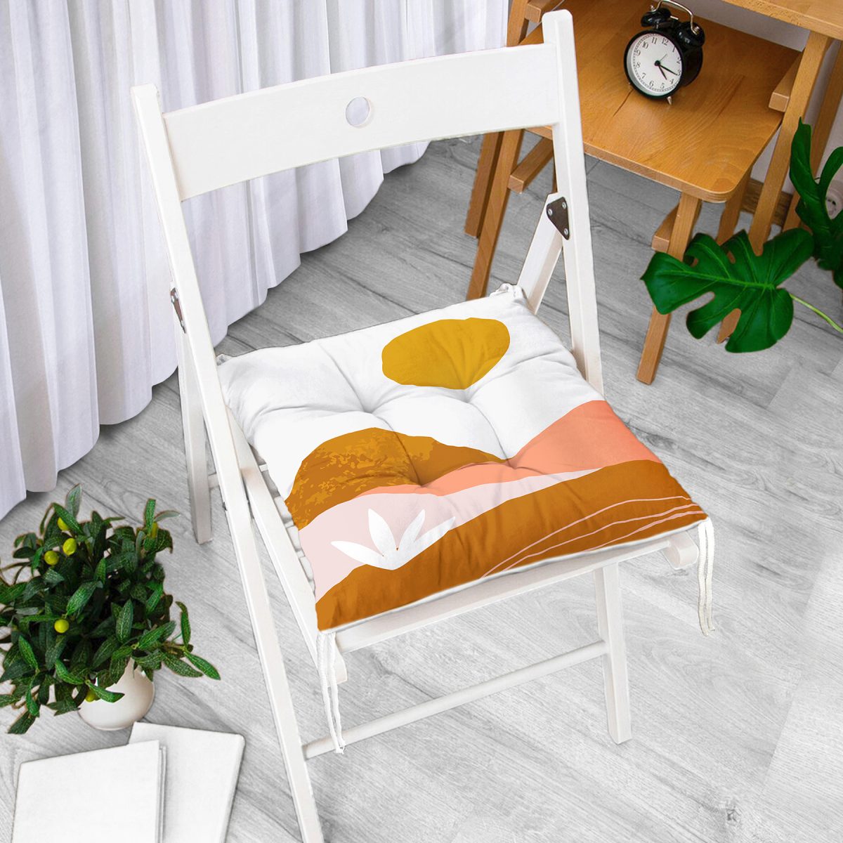 Pastel Renkli Zemin Üzerinde Onedraw Çizimli Dijital Baskılı Modern Pofuduk Sandalye Minderi Realhomes