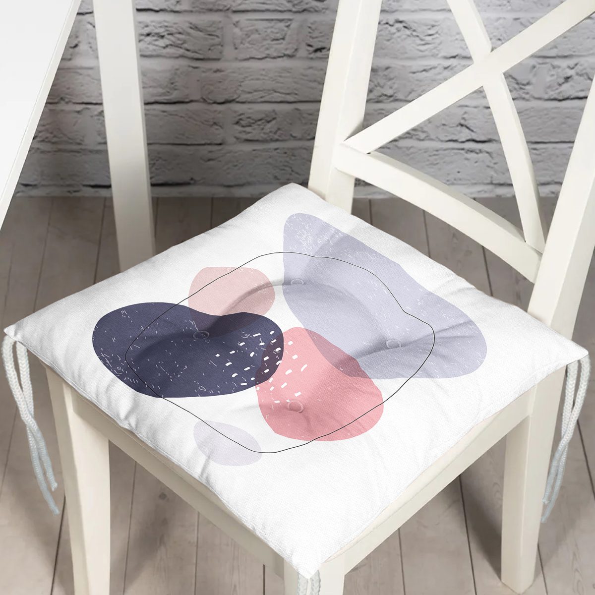 Beyaz Zeminde Renkli Oval Desenli Dijital Baskılı Modern Pofuduk Sandalye Minderi Realhomes