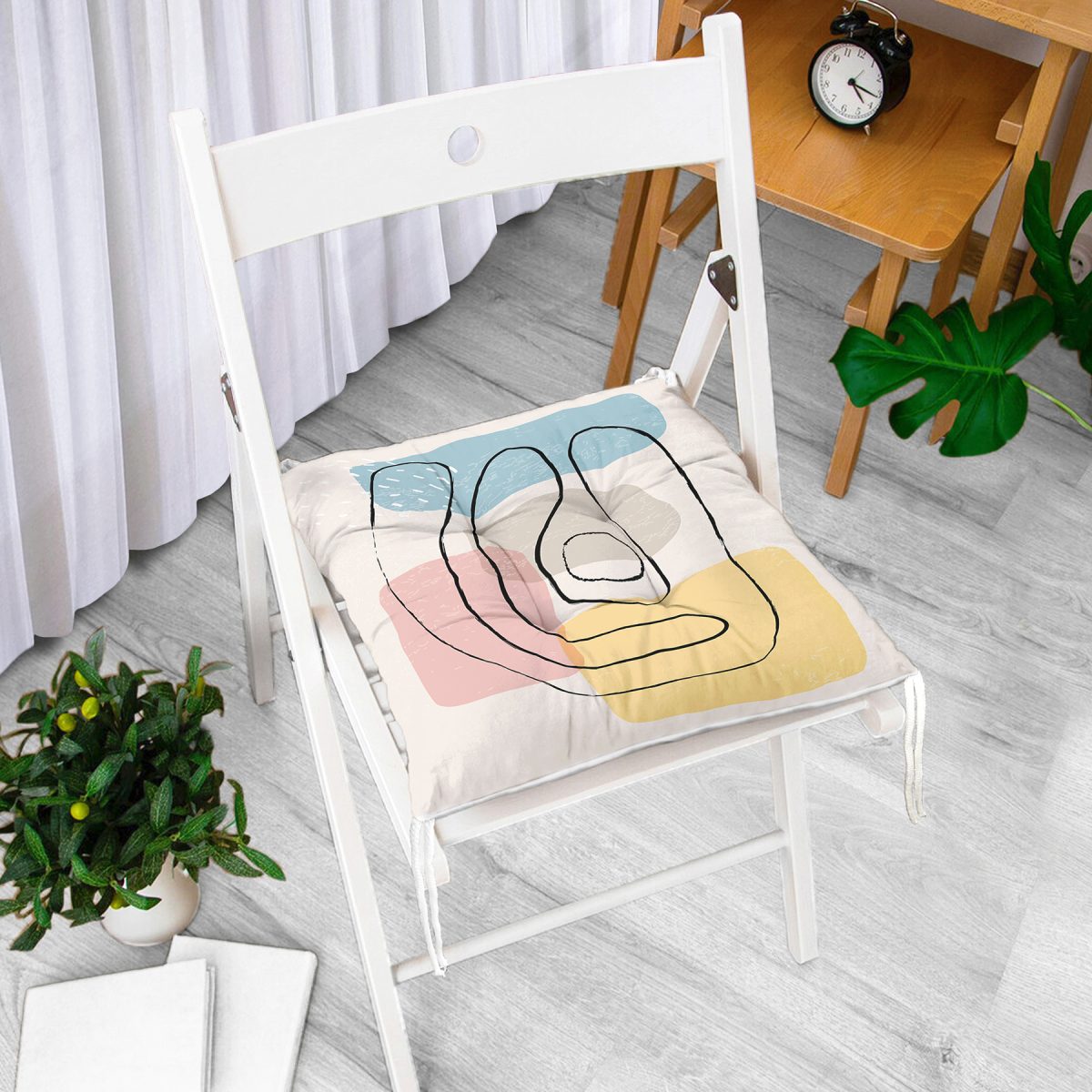 Renkli Zeminde Onedraw Çizimli Obje Dijital Baskılı Modern Pofuduk Sandalye Minderi Realhomes