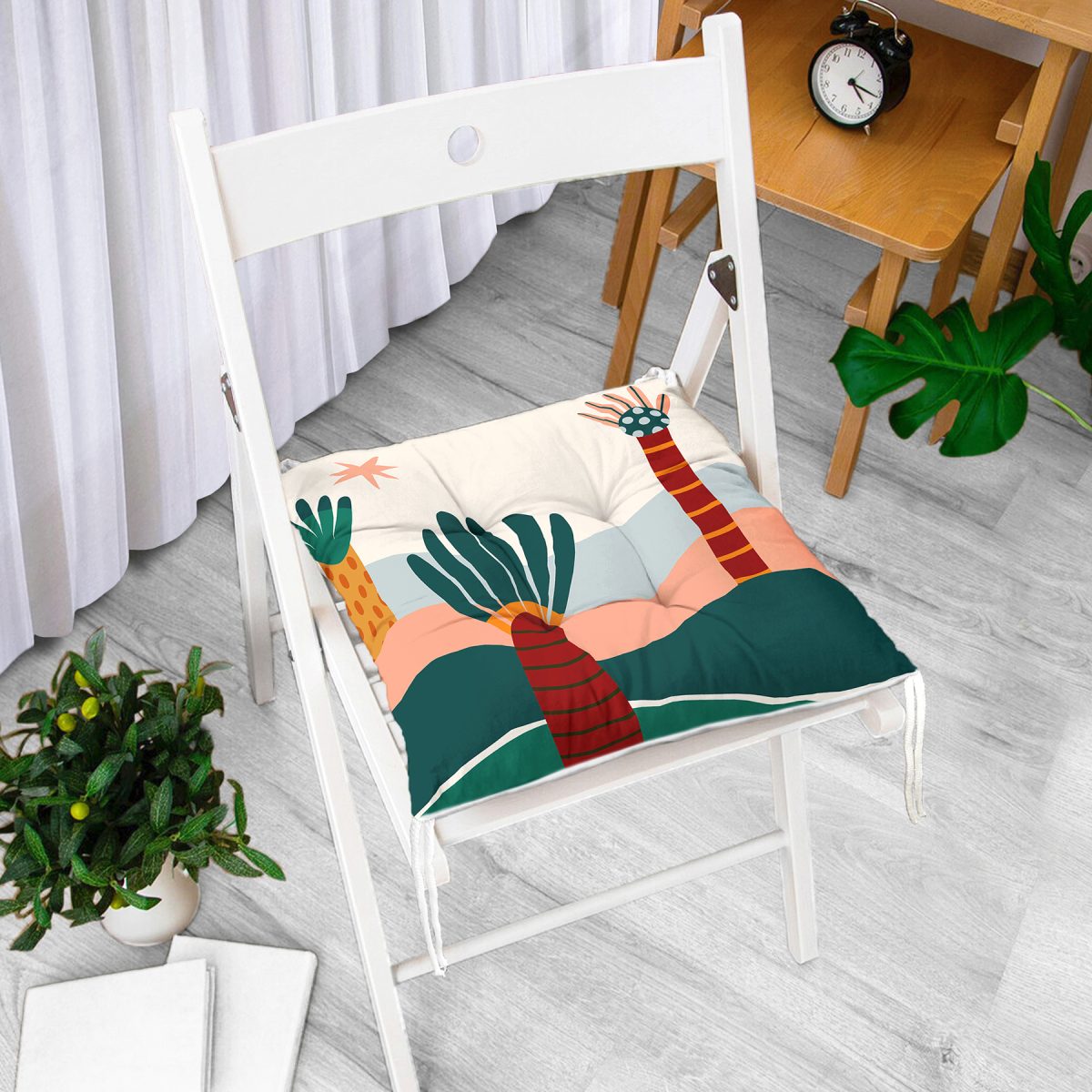 Renkli Zeminli Palmiye Desenli Dijital Baskılı Modern Pofuduk Sandalye Minderi Realhomes