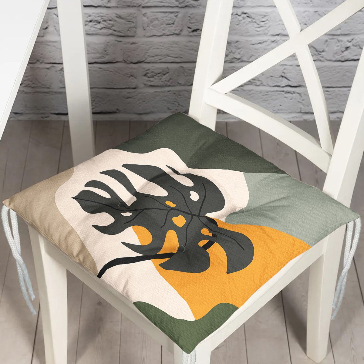 Renkli Zeminli Onedraw Çizimli Yaprak Desenli Dijital Baskılı Modern Pofuduk Sandalye Minderi Realhomes
