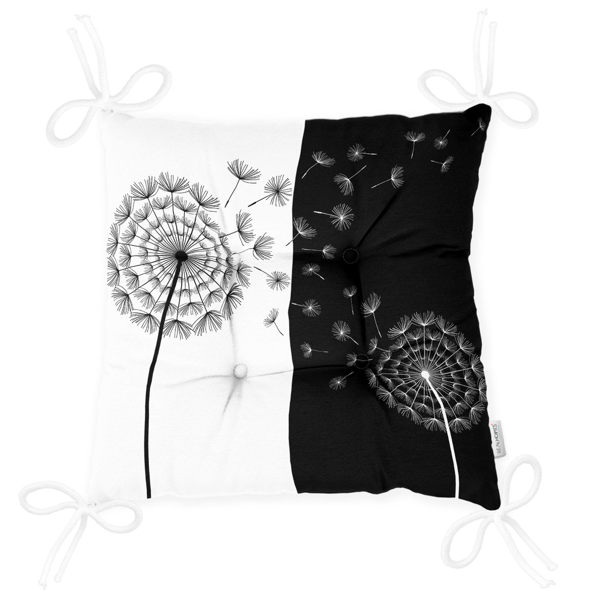 Siyah Beyaz Zemin Üzerinde Çiçek Desenli Dijital Baskılı Modern Pofuduk Sandalye Minderi Realhomes