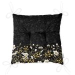 Siyah Zemin Üzerinde Gold Detaylı Çiçek Desenli Dijital Baskılı Modern Pofuduk Sandalye Minderi Realhomes