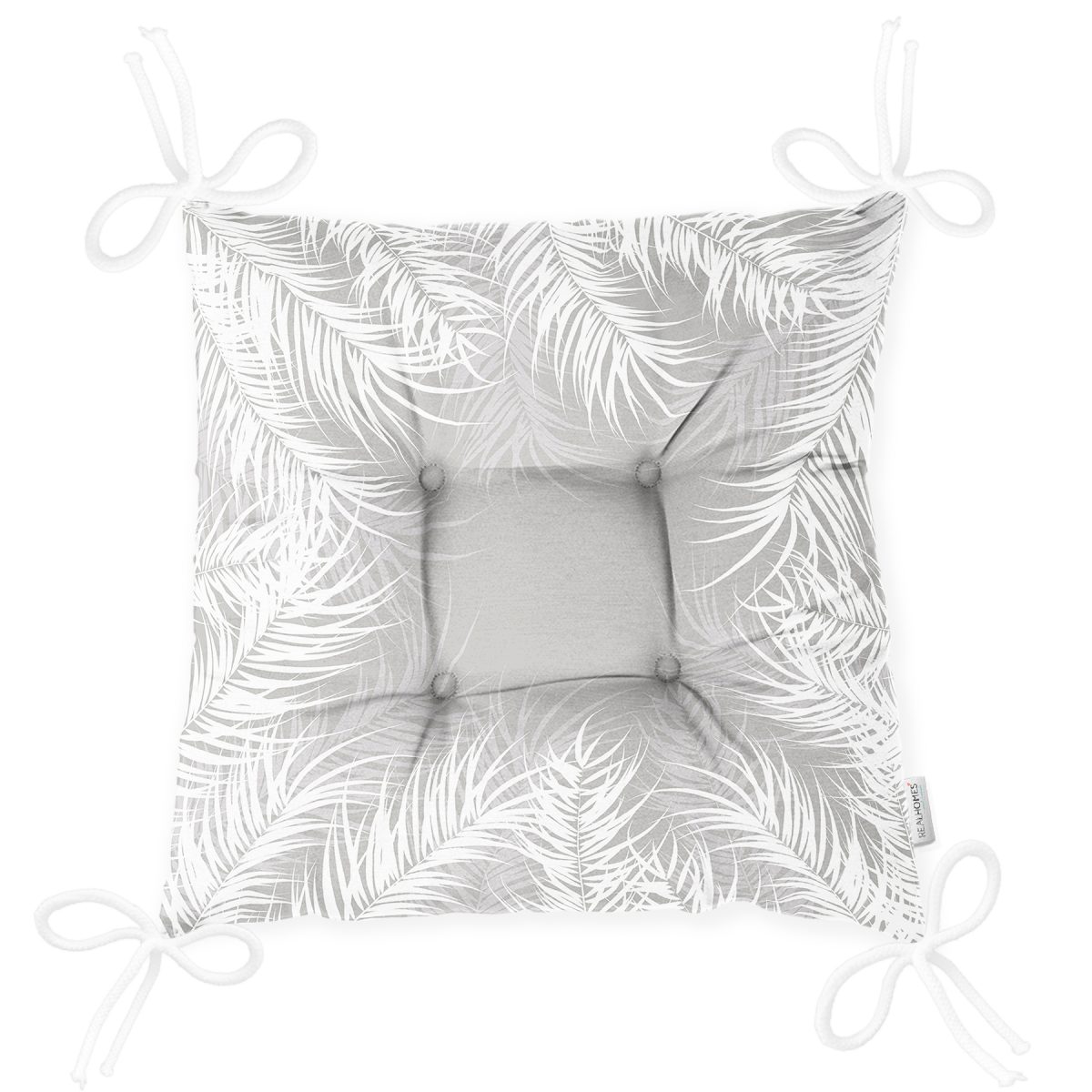 Gri Zemin Üzerinde Beyaz Yaprak Desenli Dijital Baskılı Modern Pofuduk Sandalye Minderi Realhomes