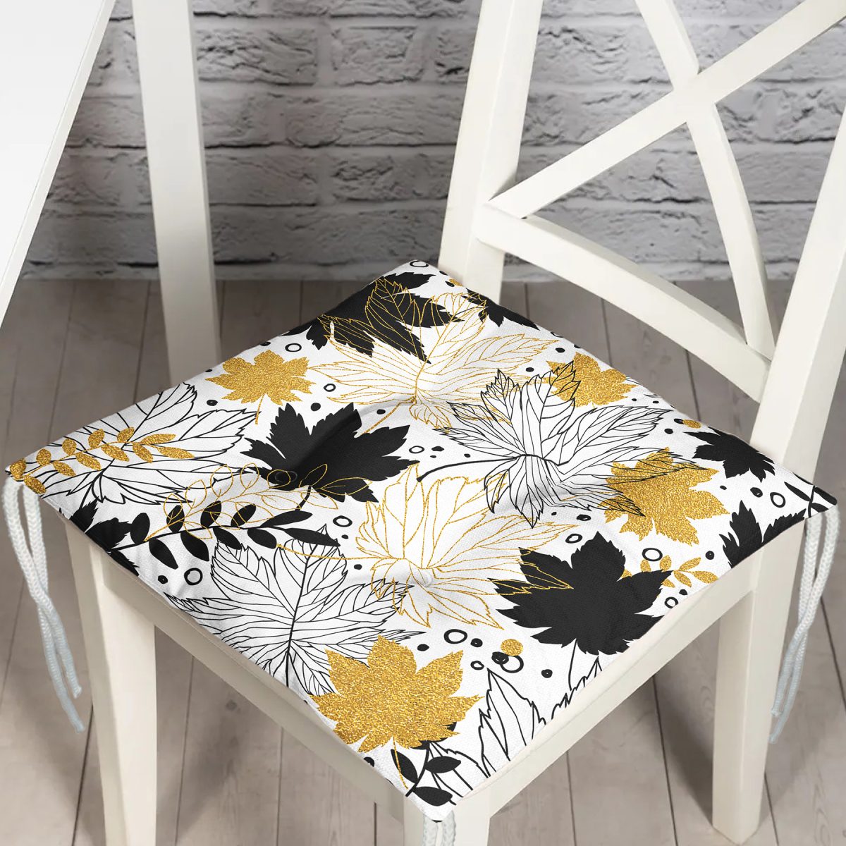 Beyaz Zeminde Gold Detaylı Sonbahar Yaprak Desenli Dijital Baskılı Modern Pofuduk Sandalye Minderi Realhomes