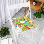 - Pofi-8524-Gorsel-1 - Realhomes Beyaz Zemin Üzerinde Renkli Yaprak Desenli Dijital Baskılı Modern Pofuduk Sandalye Minderi Realhomes