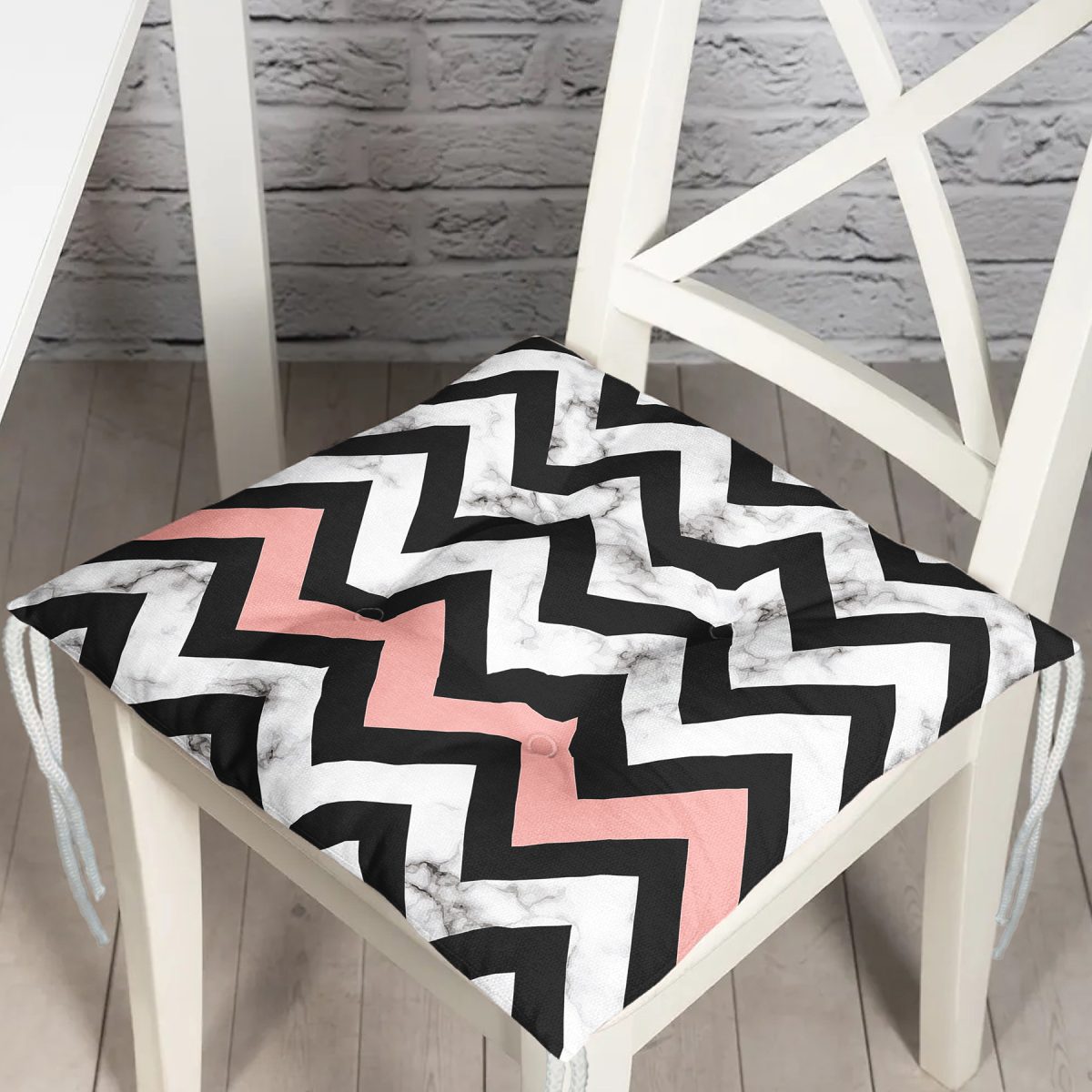 Mermer Zeminli Renkli Geometrik Zikzak Desenli Dijital Baskılı Modern Pofuduk Sandalye Minderi Realhomes