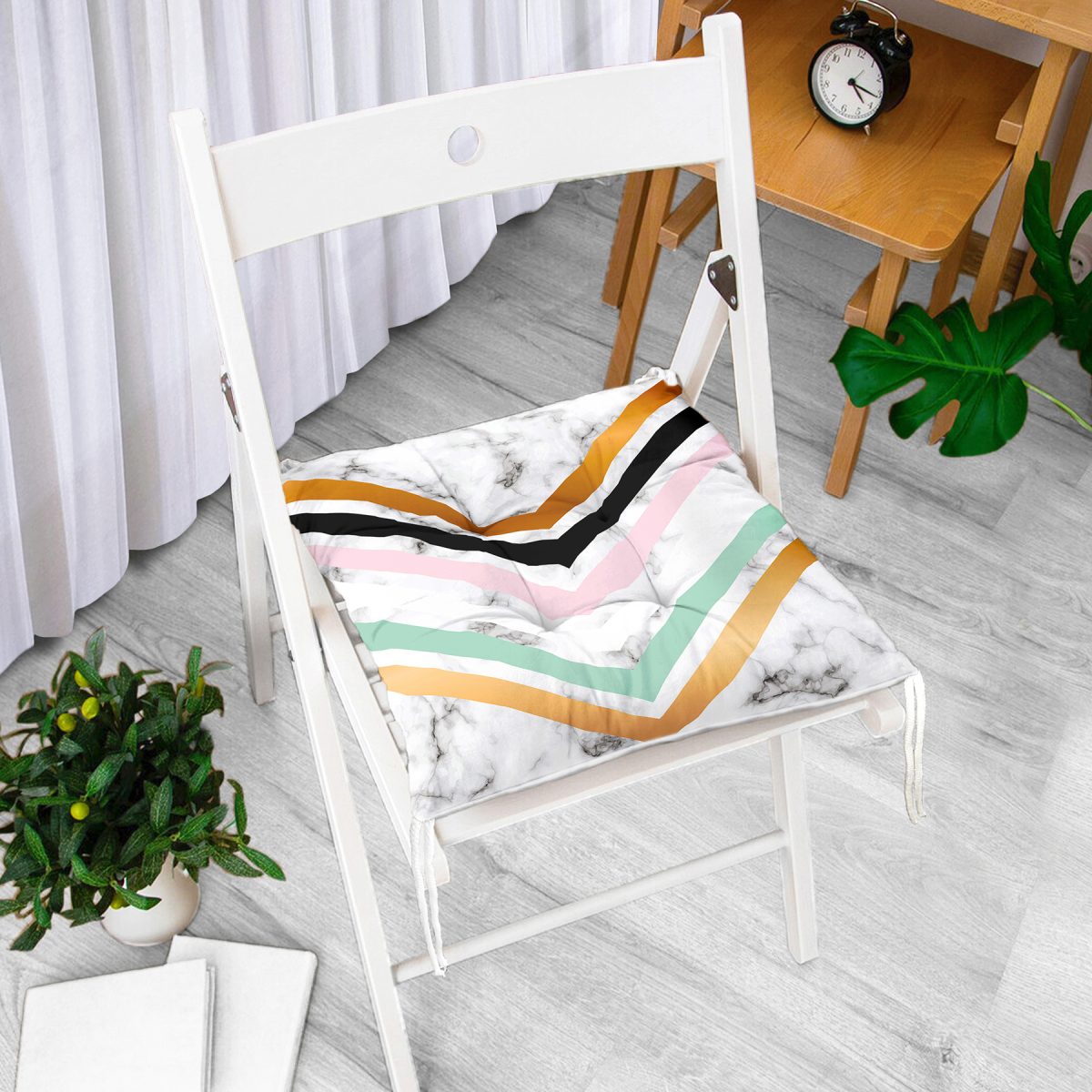 Renkli Geometrik Desenli Mermer Motifli Dijital Baskılı Modern Pofuduk Sandalye Minderi Realhomes