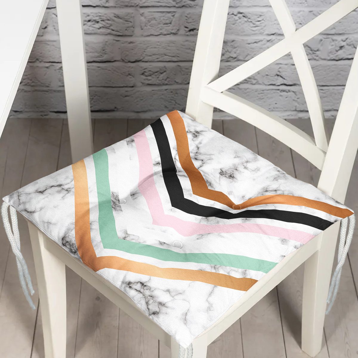 Renkli Geometrik Desenli Mermer Motifli Dijital Baskılı Modern Pofuduk Sandalye Minderi Realhomes