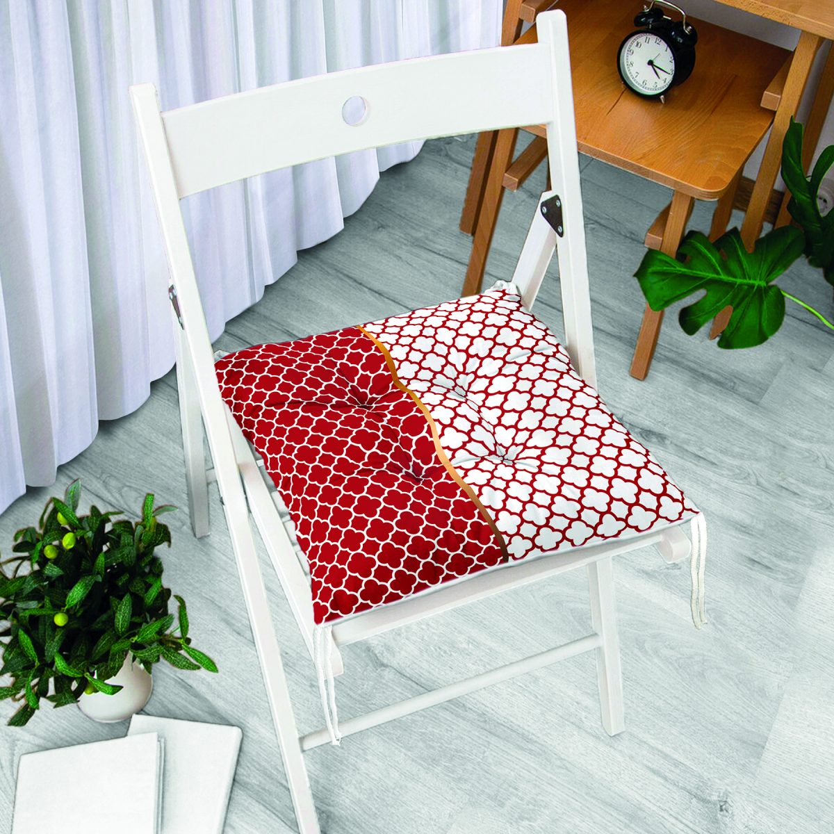 Bordo & Beyaz Ogea Desenli Dijital Baskılı Modern Pofuduk Sandalye Minderi Realhomes