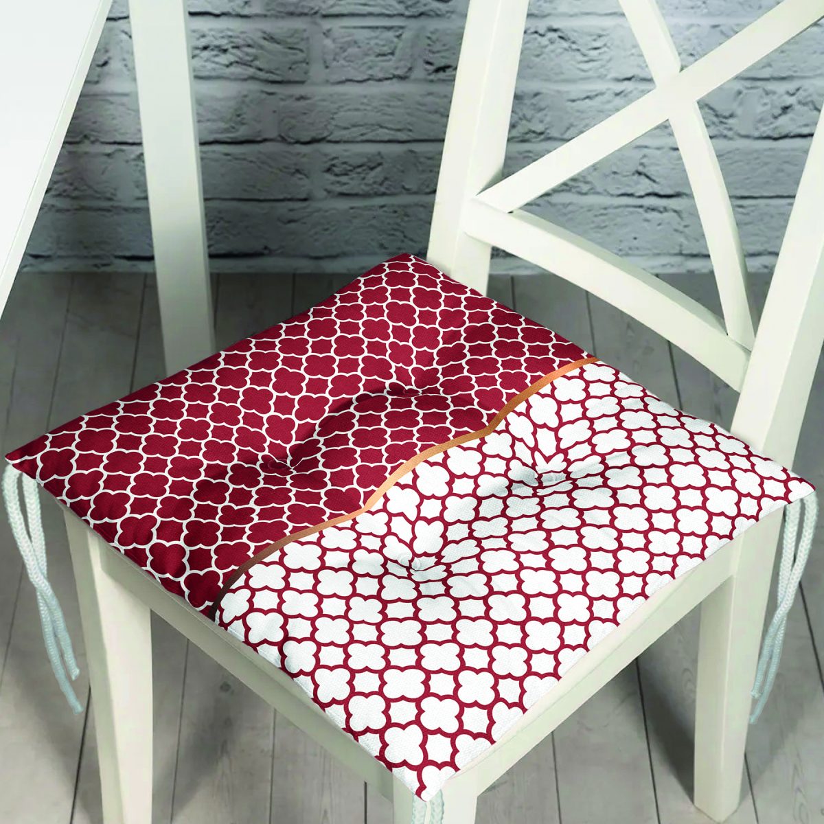 Bordo & Beyaz Ogea Desenli Dijital Baskılı Modern Pofuduk Sandalye Minderi Realhomes